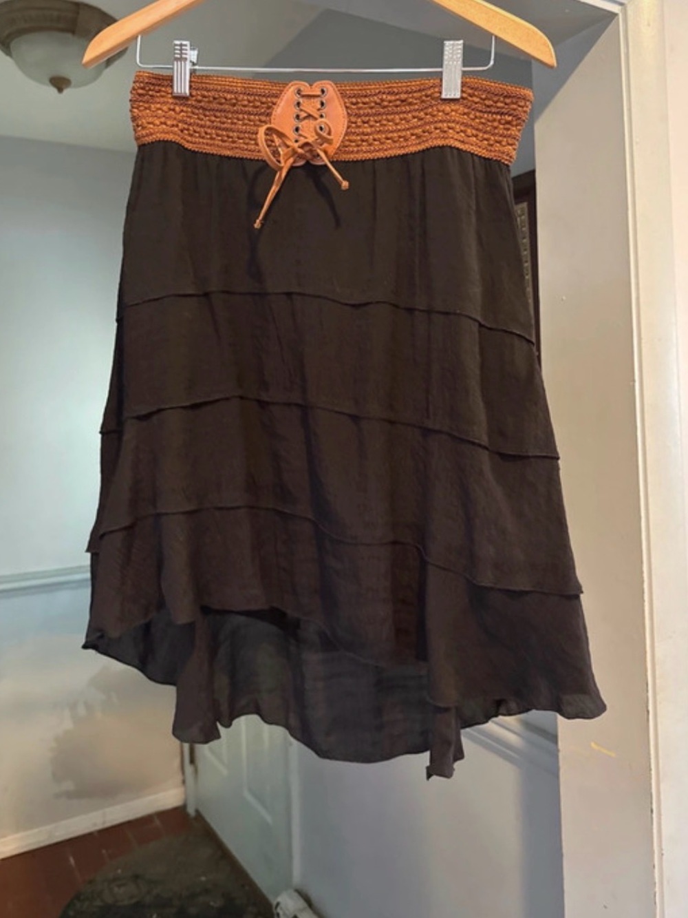 by & by Black High-Low Tiered Skirt with Brown Crochet Waistband